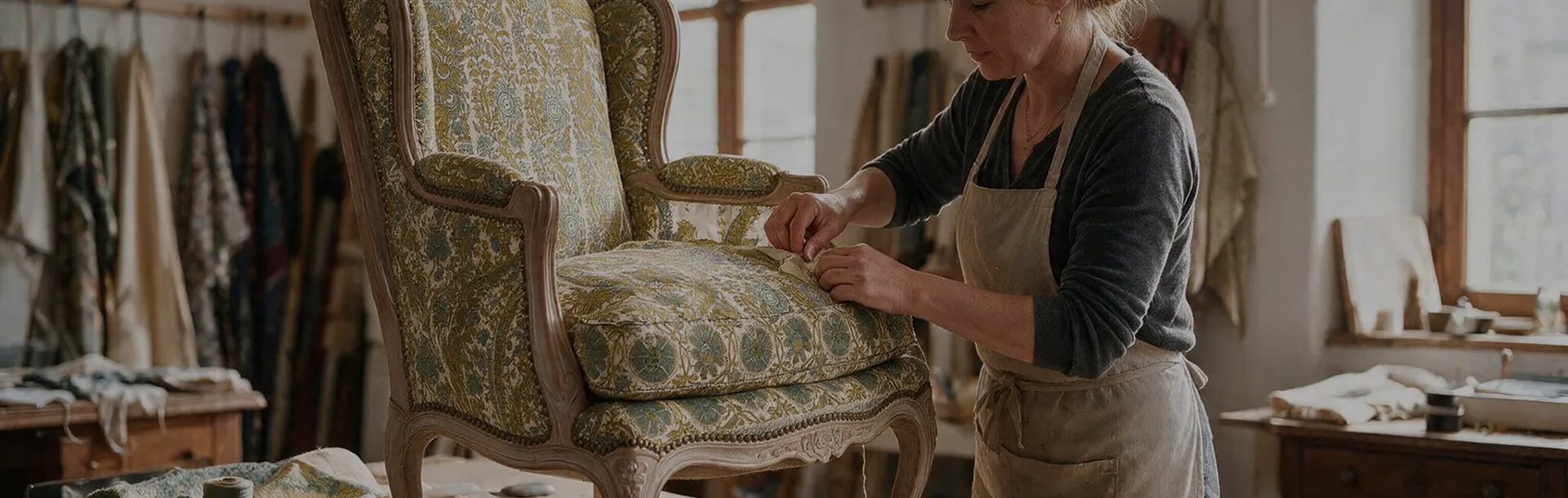 Artisane tapissière restaurant un fauteuil en velours à motifs floraux dans son atelier