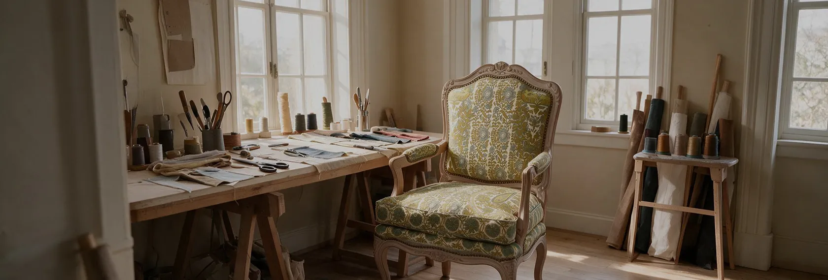 Atelier de tapisserie avec fauteuils anciens et outils de restauration, près de Rambouillet